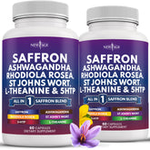 NEW AGE saffron-ashwagandha bottle highlighting mood support for daily balance.
