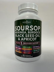New Age Soursop Supplement ingredients blend with key botanicals and capsules.