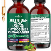 New Age Thyroid Support Drops bottle showing alcohol-free vegan formula for daily wellness.