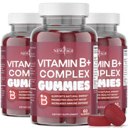 NEW AGE Vitamin B Complex bottle highlights vegan, gluten-free gummies for daily wellness support.