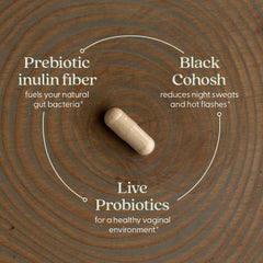Label of New Chapter All-Flora Probiotic Menopause Balance showing vegan and non-GMO features