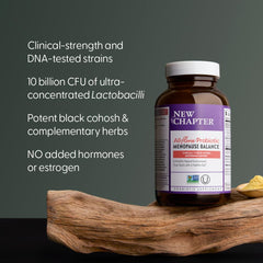 Packaging of New Chapter All-Flora Probiotic Menopause Balance highlighting vegan ingredients