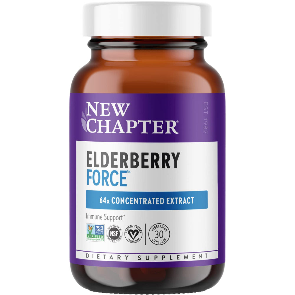 New Chapter Elderberry Force bottle shows 64x concentrated elderberry capsules for daily immune support.