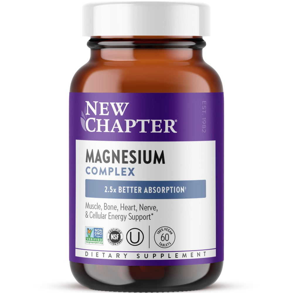 New Chapter Magnesium Complex bottle showing triple magnesium blend for balanced energy.