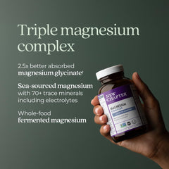 New Chapter Magnesium Complex capsules highlighting high-absorption glycinate form.