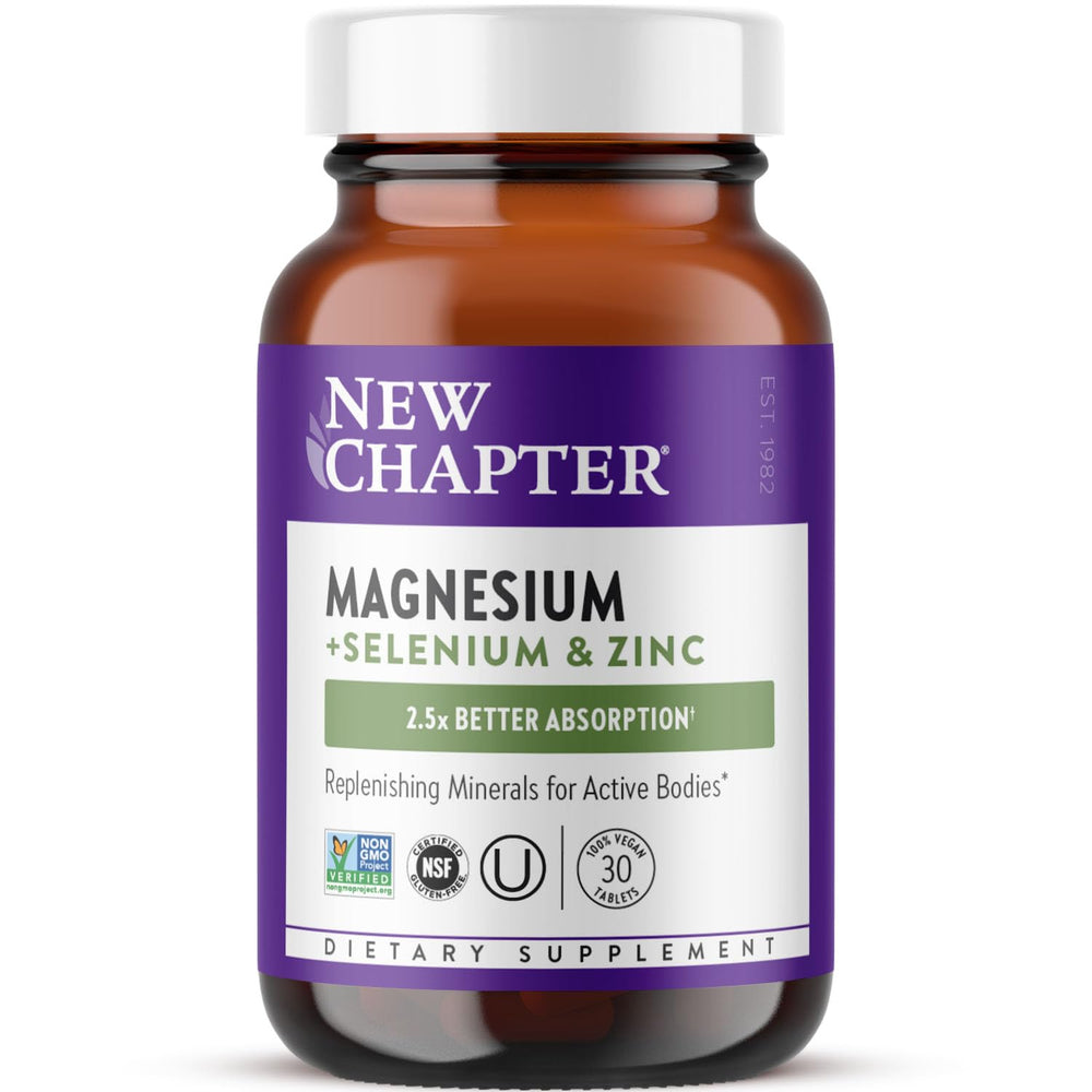 New Chapter Magnesium-Selenium-Zinc tablet bottle front for daily active wellness.