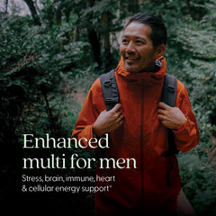 New Chapter Men's Multivitamin bottle label shows organic ingredients and probiotics for digestion.