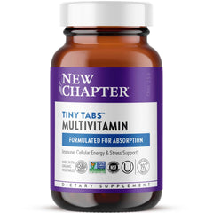 New Chapter Tiny Tabs bottle and tablets for easy daily nutrition.