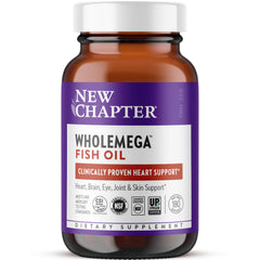 New Chapter Wholemega bottle with wild Alaskan salmon oil for omega-3 support.