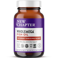 New Chapter Wholemega wild Alaskan salmon oil bottle supports daily omega-3 intake.