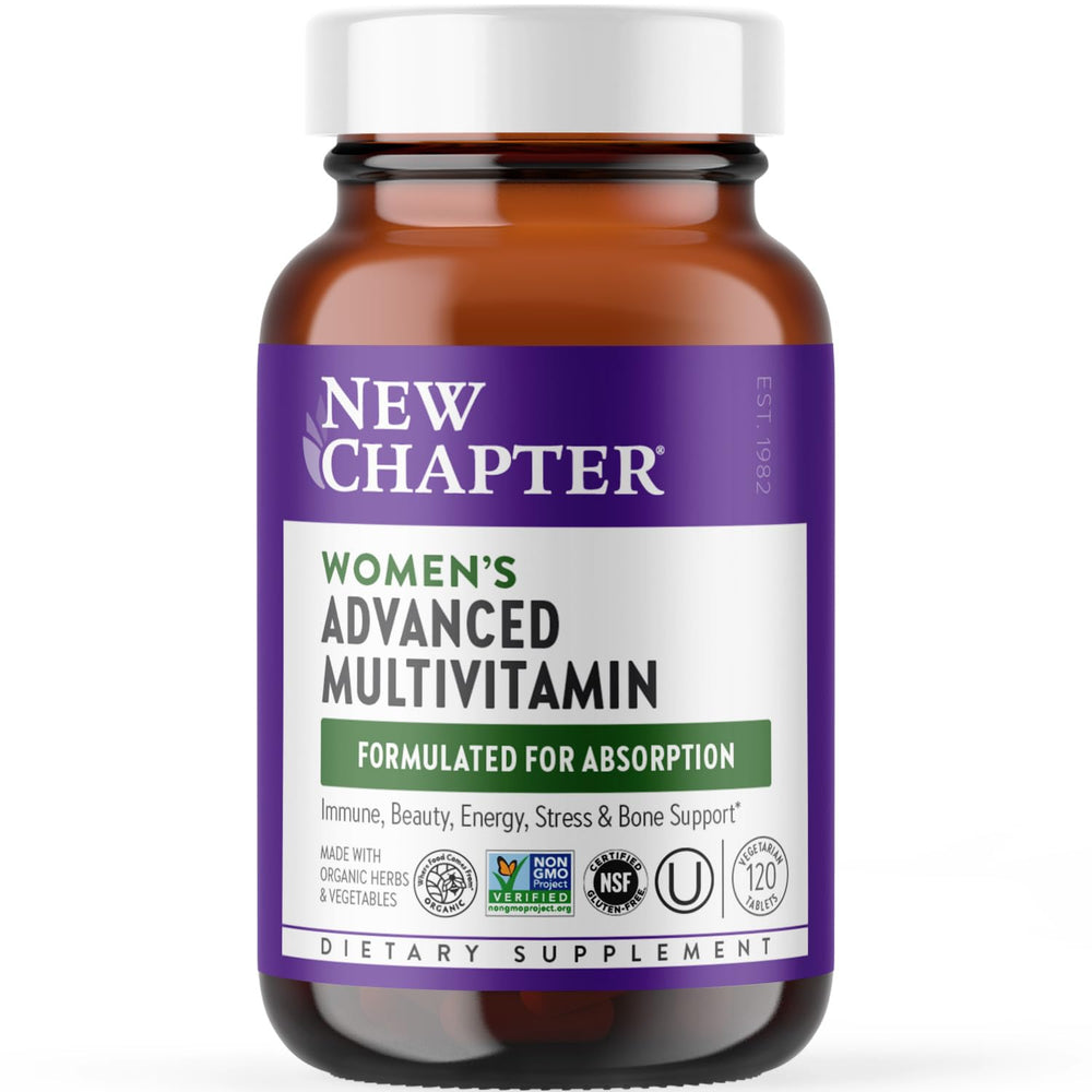 New Chapter Women's Multivitamin Advanced bottle, showcasing capsules for smooth daily energy support.