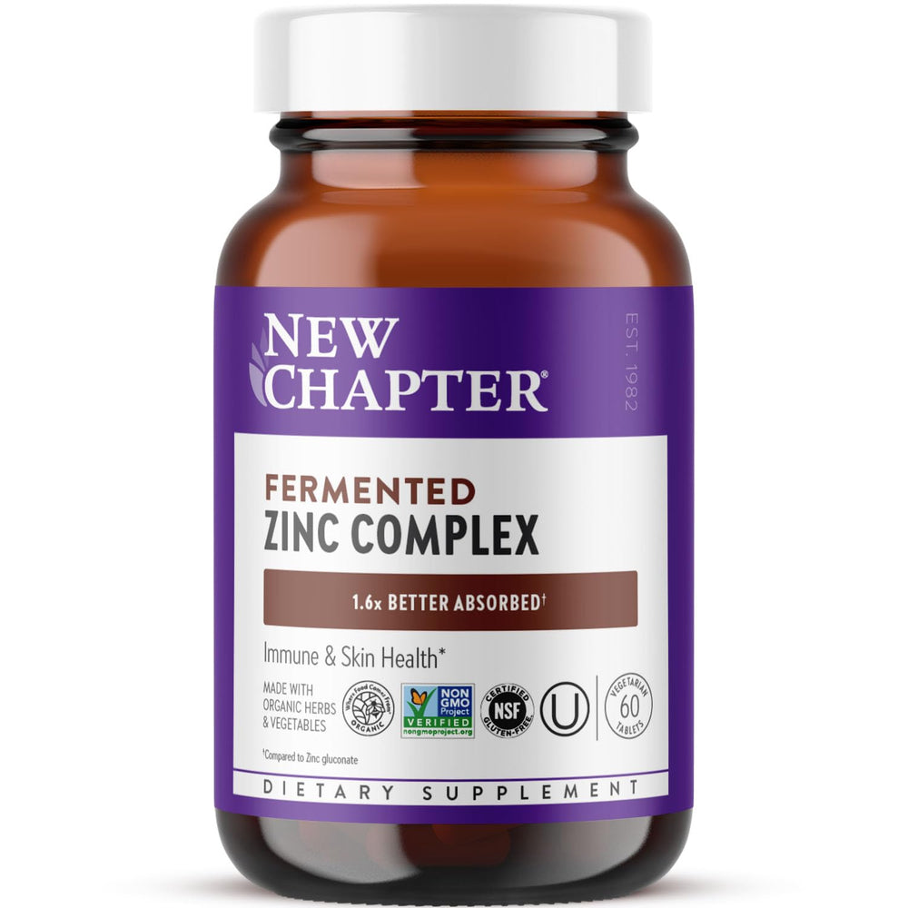 New Chapter Zinc Supplement bottle front highlighting immune support and skin health benefits.