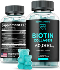 New Elements Biotin & Collagen Gummies bottle close-up promotes glossy hair and strong nails.