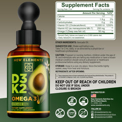 New Elements D3K2 bottle close-up label highlights avocado oil base for absorption