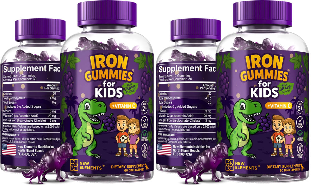 New Elements Iron Dinosaur Gummies bottle with grape flavor, supporting kids' iron intake.