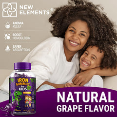 New Elements Iron Dinosaur Gummies label communicates gluten-free and non-GMO status.