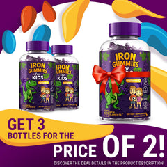 New Elements Iron Dinosaur Gummies grape pouch highlights vegan, sugar-free snack options.