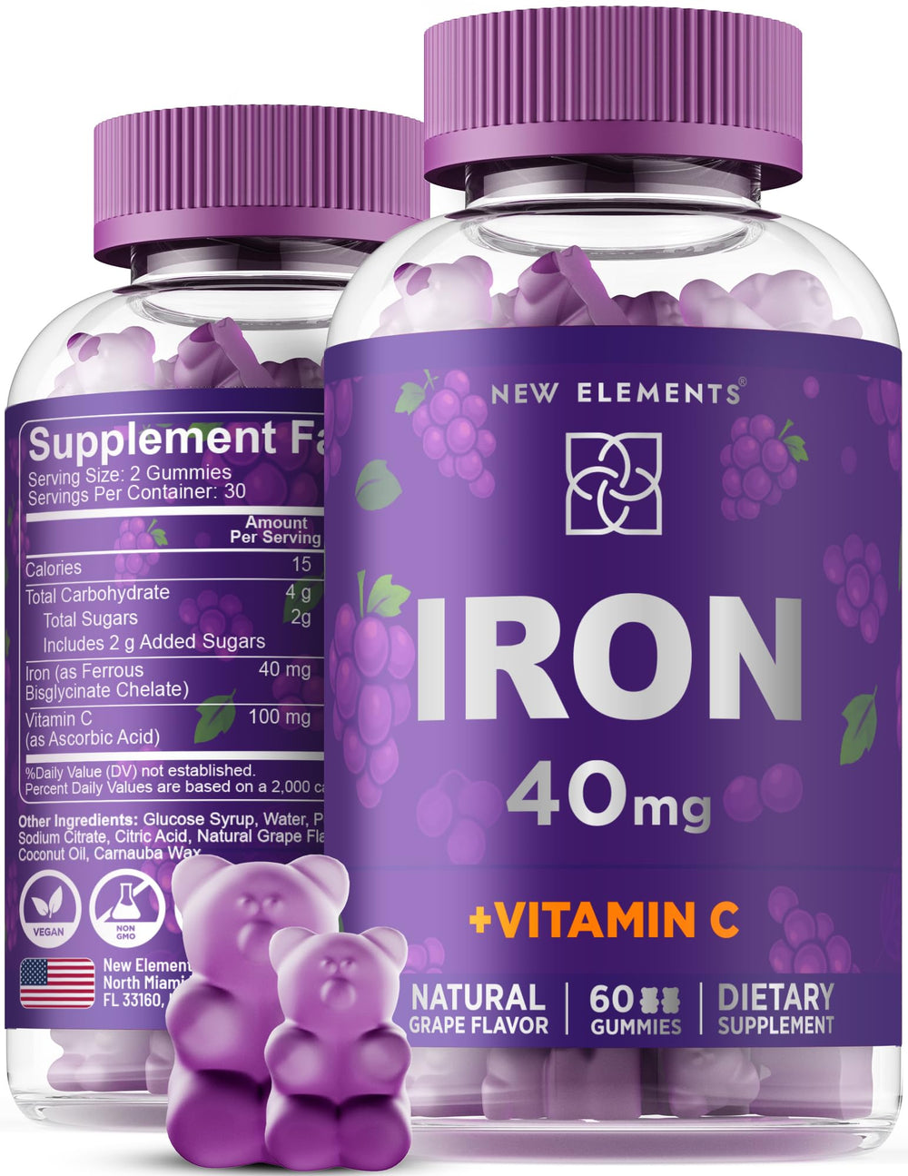 New Elements Iron Gummies 40mg bottle, easy iron support for healthy blood cells.