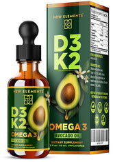 New Elements D3K2 drops bottle shows avocado oil base for bone support