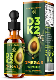 New Elements D3K2 drops bottle shows avocado oil base for bone support
