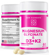 New Elements magnesium glycinate D3 K2 softgels bottle close-up for bone support