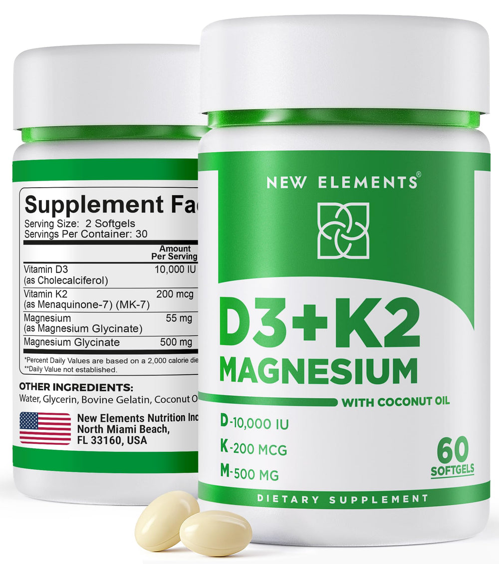 New Elements Vitamin D3 K2 softgels bottle view highlighting bone health support