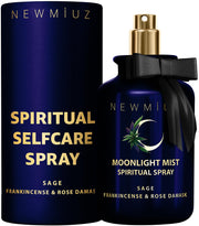 New Miuz Clearing Sage Smudge Spray bottle on a bedside table for calming aromatherapy.
