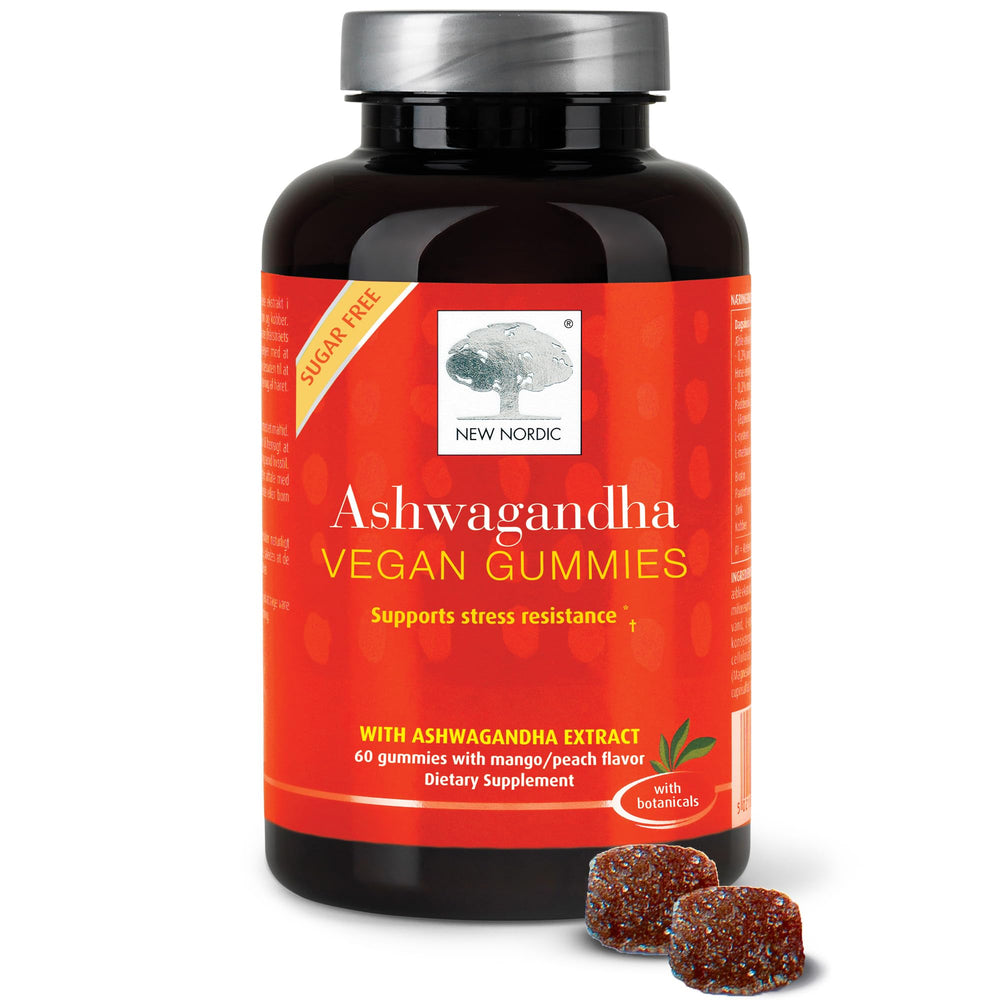 NEW NORDIC Ashwagandha Gummies bottle on a clean kitchen counter for daily calm