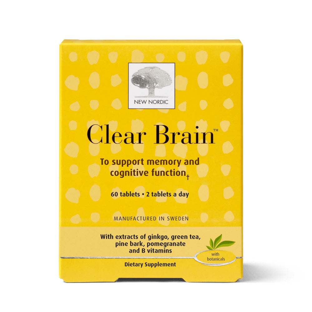 New Nordic Clear Brain bottle with walnut-green tea extract for daytime cognitive support.
