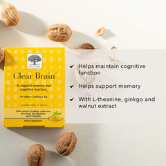 New Nordic Clear Brain tablets close-up highlight natural brain nutrients in each pill.