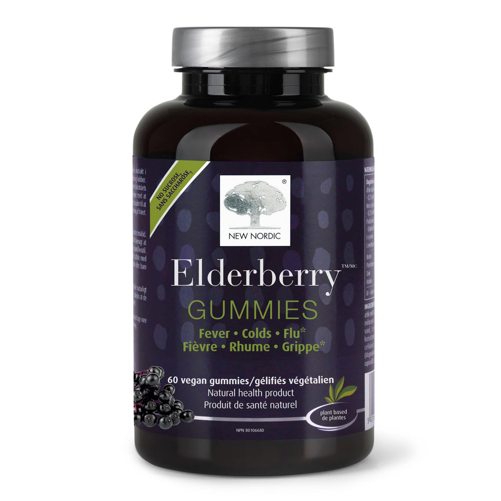 NEW NORDIC Elderberry Vegan Gummies bottle front for immune support and sugar-free treat