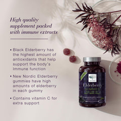 NEW NORDIC Elderberry Vegan Gummies packaging text and count on box