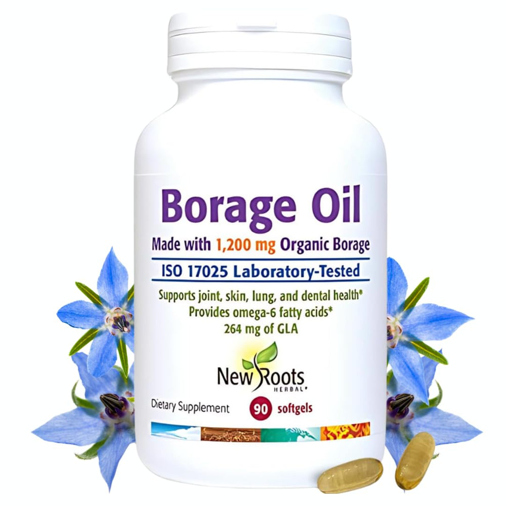 NEW ROOTS HERBAL borage oil softgel bottle front for skin and hair support