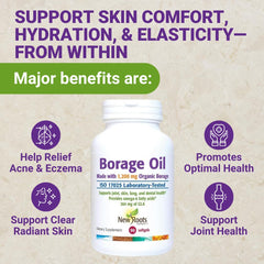 NEW ROOTS HERBAL borage oil bottle side highlighting convenient daily dosage