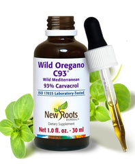 New Roots Wild Oregano Oil Drops bottle closeup shows 93% carvacrol potency