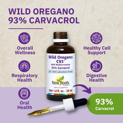 New Roots Wild Oregano Oil Drops label detail highlights purity features