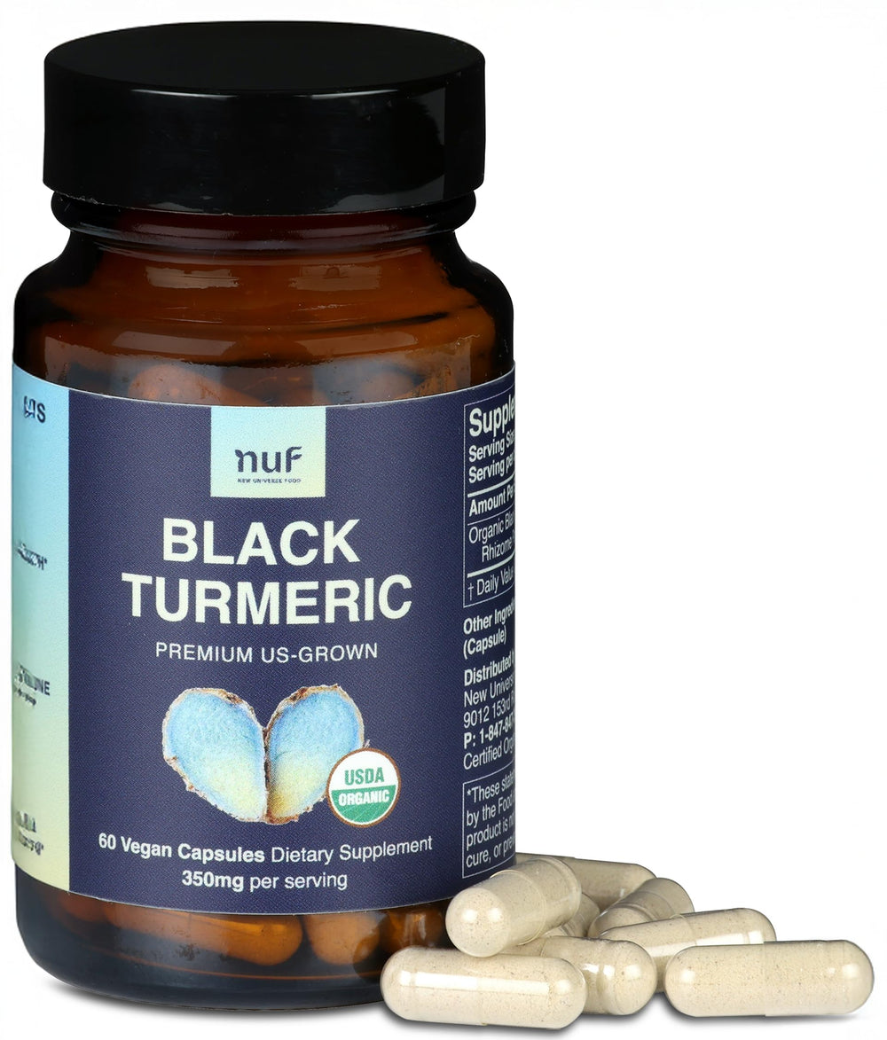 New Universe Food Black Turmeric 350mg bottle front for daily joint support.