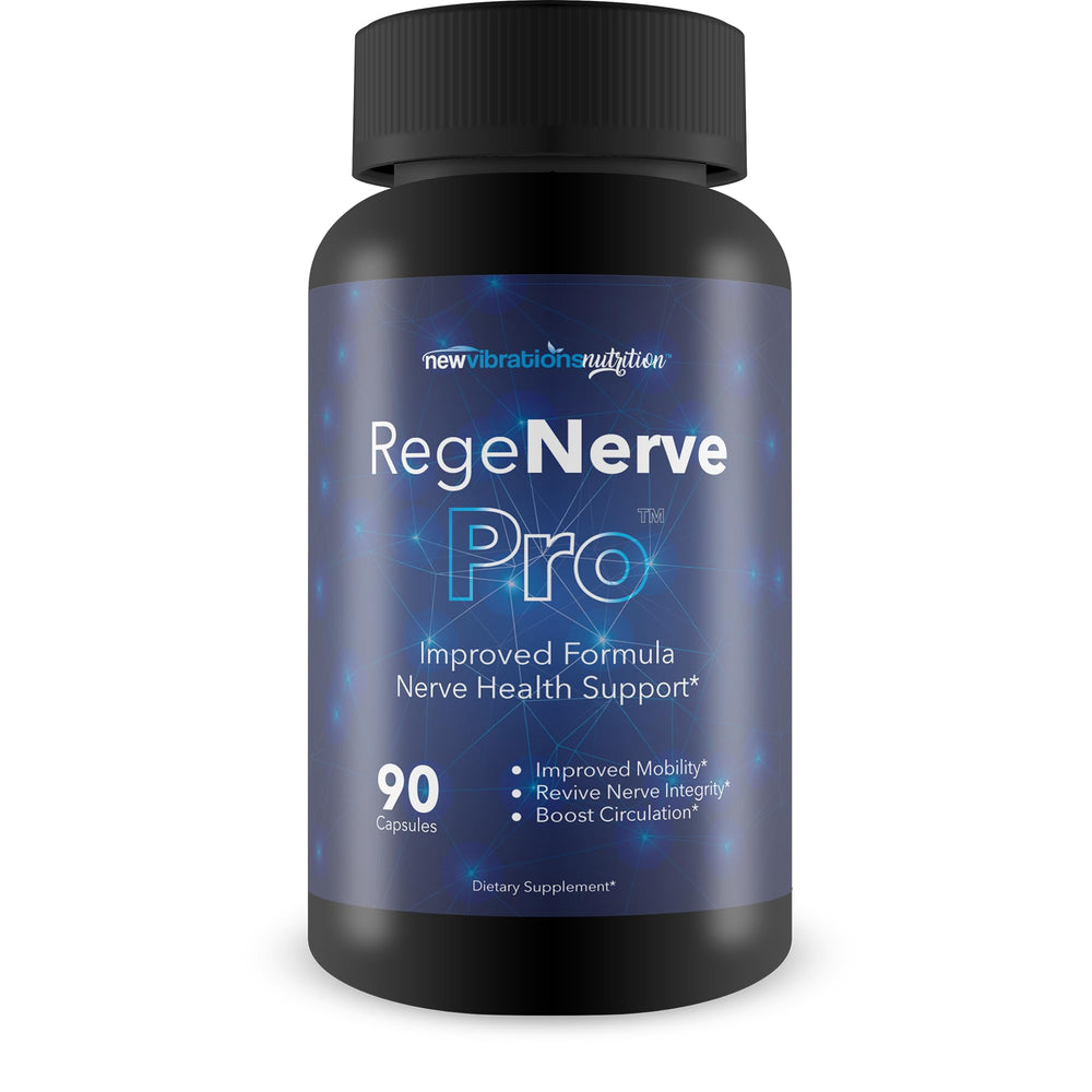 New Vibrations Regenerve Pro bottle pour supports daily nerve health.
