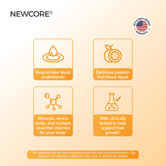 NEWCORE Liquid Multivitamin for Women glass closeup shows glossy liquid texture for skin support