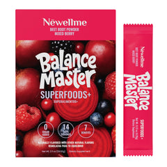 NewellMe Balance Master beet root powder bottle; vibrant color ideal for smoothies.