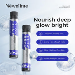 NEWELLME Glow+Beauty sip shot emphasizes portable daily ritual for skin and hair health.