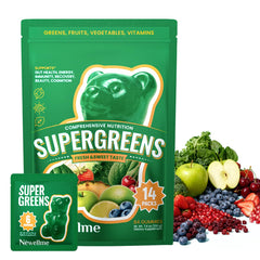 Newellme Super Greens Gummies bottle front, convenient daily wellness boost for vitality.