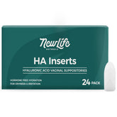 NewLife Naturals packaging box for hyaluronic acid vaginal suppositories highlighting discreet moisture support.