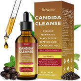 Newpie Candida Cleanse Drops bottle pour shows easy daily dosing for gut support
