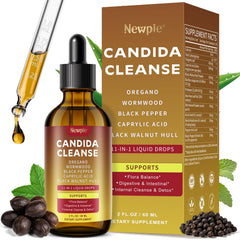 Newpie Candida Cleanse Drops bottle pour shows easy daily dosing for gut support