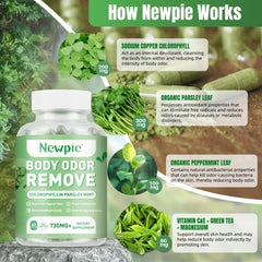 Newpie Chlorophyll capsules close-up showing vegan, allergen-free formula