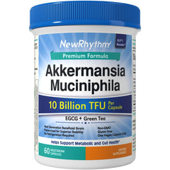 NewRhythm Akkermansia bottle capsules for gut health and regularity.
