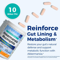 NewRhythm Akkermansia capsules closeup highlighting 10B TFU formulation.