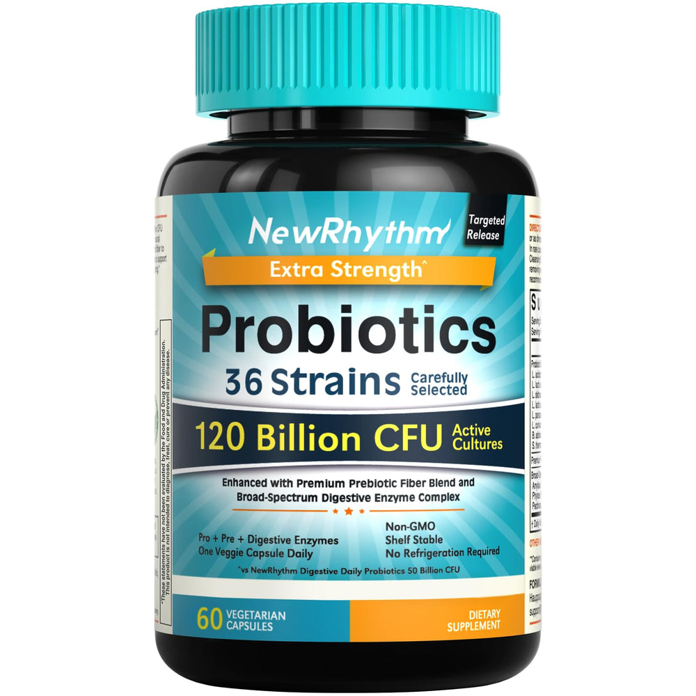 NewRhythm Probiotics 120B CFU bottle for daily digestive balance