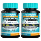 NewRhythm Probiotics 120 Billion bottle showcases shelf-stable daily digestive support.